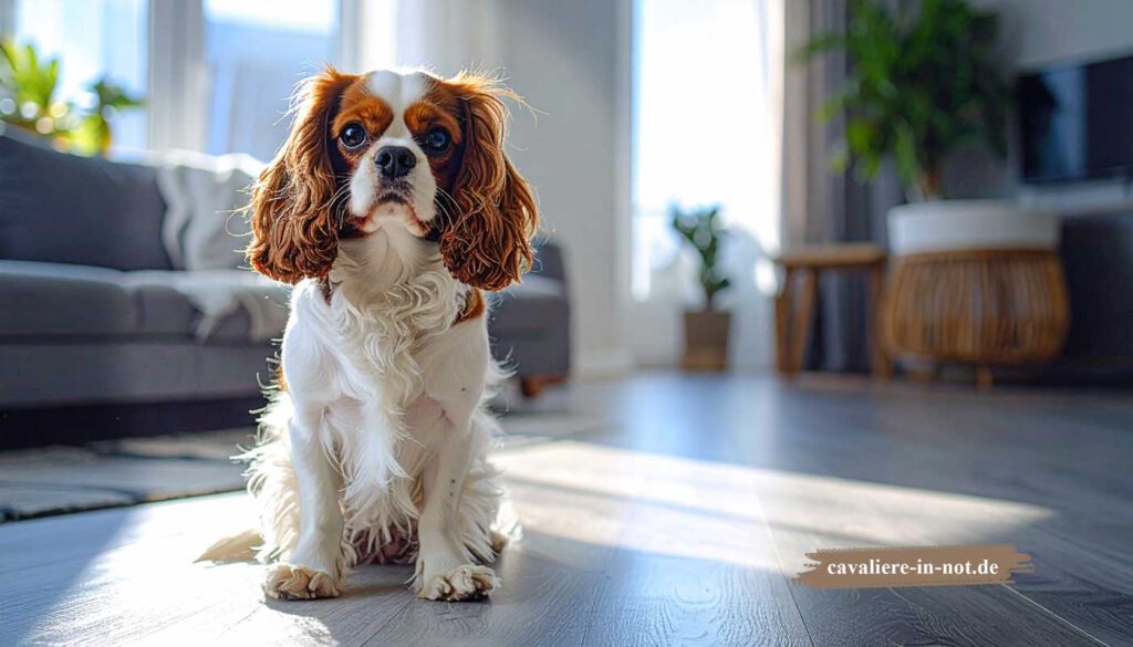 Cavalier King Charles Spaniel Blenheim sitzt im Wohnzimmer im Sonnenlicht – typische Warnsignale wie Phantomkratzen und Gangstörungen bei Syringomyelie beachten