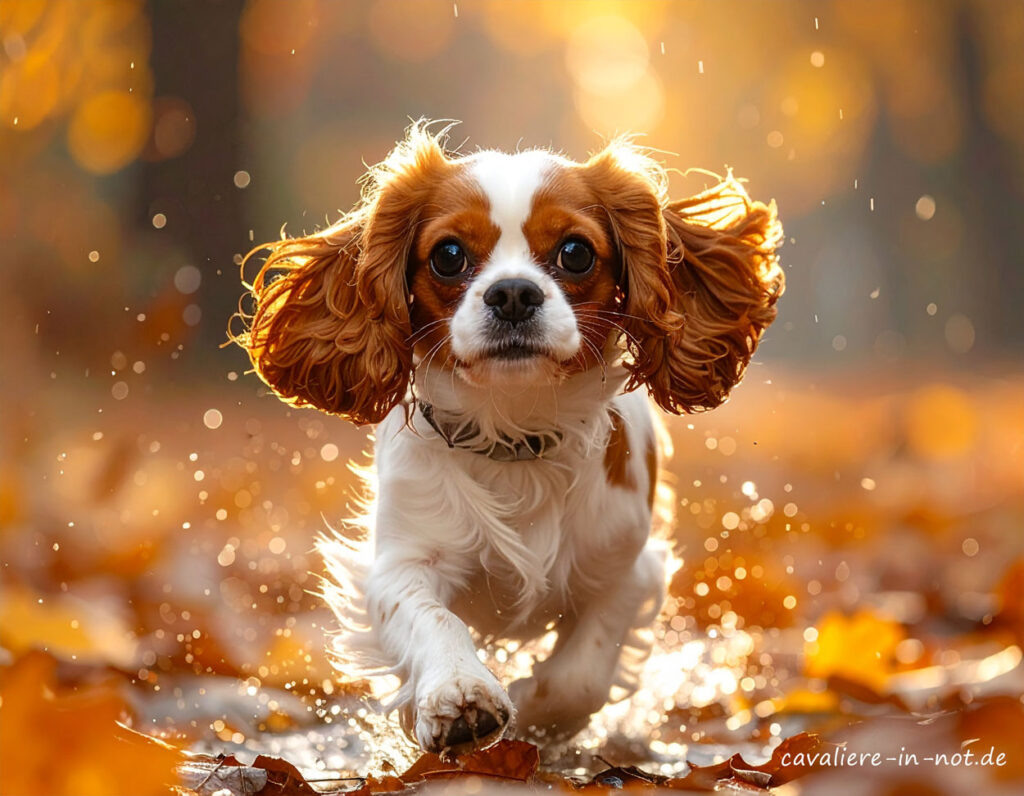 Cavalier King Charles Spaniel geht im herbstlichen Park über nasses Laub – Herbstwetter kann herzkranke Hunde zusätzlich belasten. Bild und Text Marion Schanné