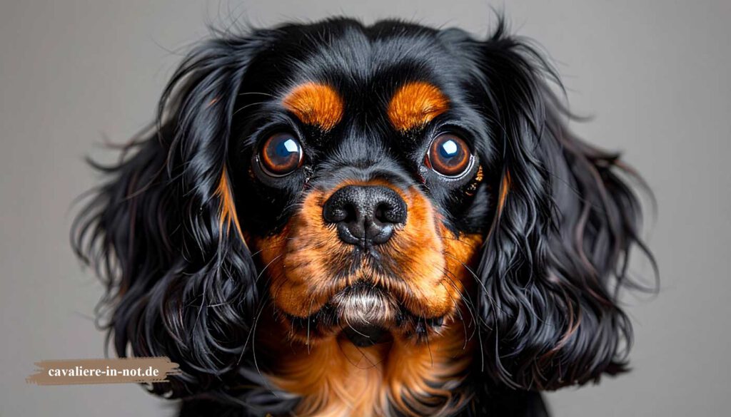 Cavalier King Charles Spaniel Black and Tan in Nahaufnahme, mögliche Warnsignale von Syringomyelie wie Phantomkratzen und Überempfindlichkeit im Blick behalten