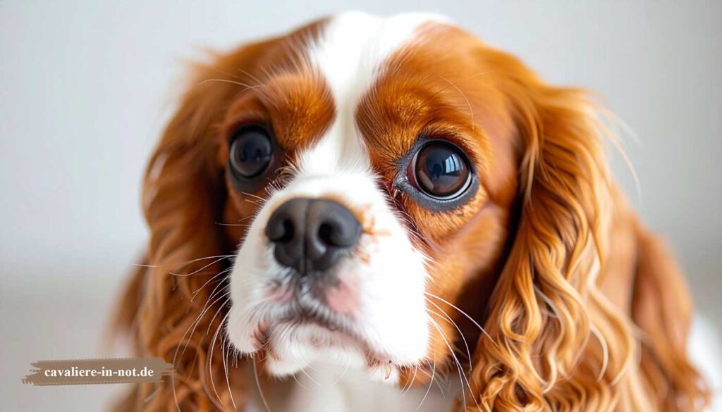 Detailaufnahme eines Cavalier King Charles Spaniel Gesichts mit ausdrucksstarken Augen und weichem Fell ohne Syringomyelie Symptome.