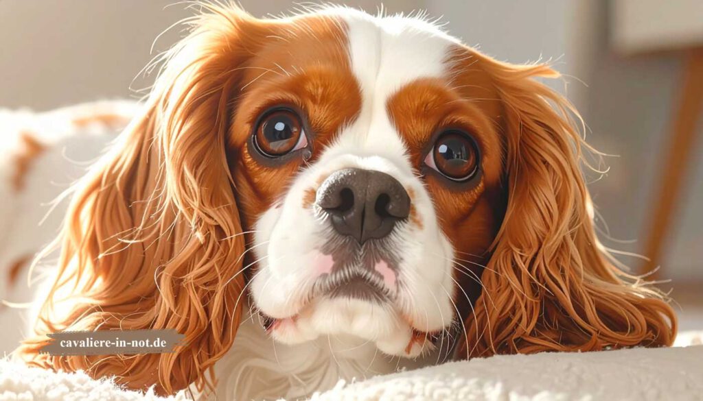 Cavalier King Charles Spaniel in Blenheim-Färbung liegt wachsam auf dem Boden – mögliche Symptome wie Phantomkratzen und Schmerzverhalten bei Syringomyelie beachten