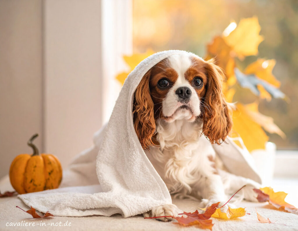 Cavalier King Charles Spaniel wird nach einem Spaziergang im Regen mit einem Handtuch abgetrocknet – wichtig für herzkranke Hunde in der nassen Jahreszeit.