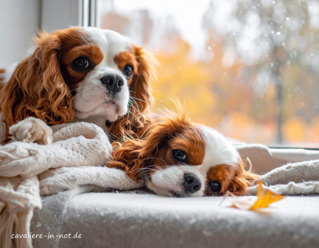 Cavalier King Charles Spaniel kuschelt auf einer Decke an einem verregneten Herbsttag – warme Ruheplätze sind für herzkranke Hunde besonders wichtig.