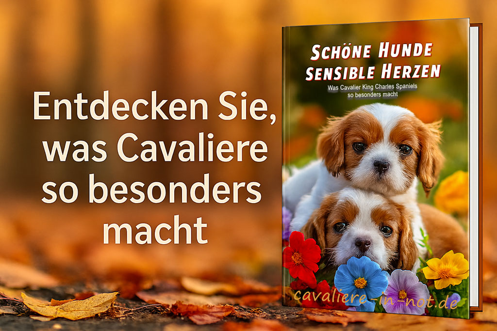 Banner mit Buchcover ‚Schöne Hunde – sensible Herzen‘ über Cavalier King Charles Spaniels, zwei süße Welpen im Herbstlaub mit bunten Blumen, daneben der Text ‚Entdecken Sie, was Cavaliere so besonders macht
