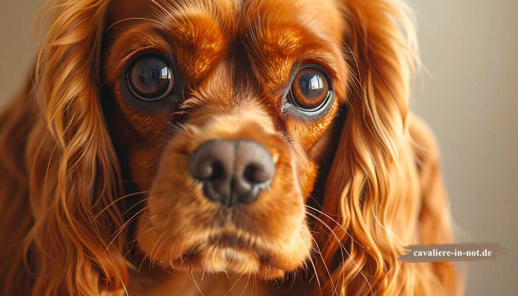 Großaufnahme eines Cavalier King Charles Spaniel in der Farbe Ruby mit glänzendem Fell und ausdrucksstarken Augen.