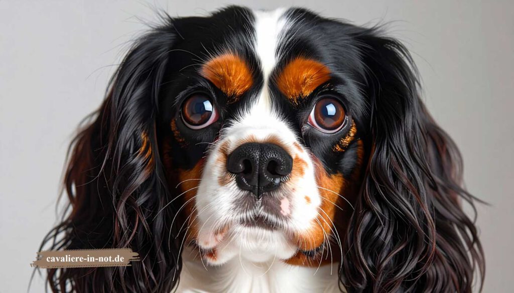 Cavalier King Charles Spaniel in Tricolor-Färbung mit großen Augen in Nahaufnahme