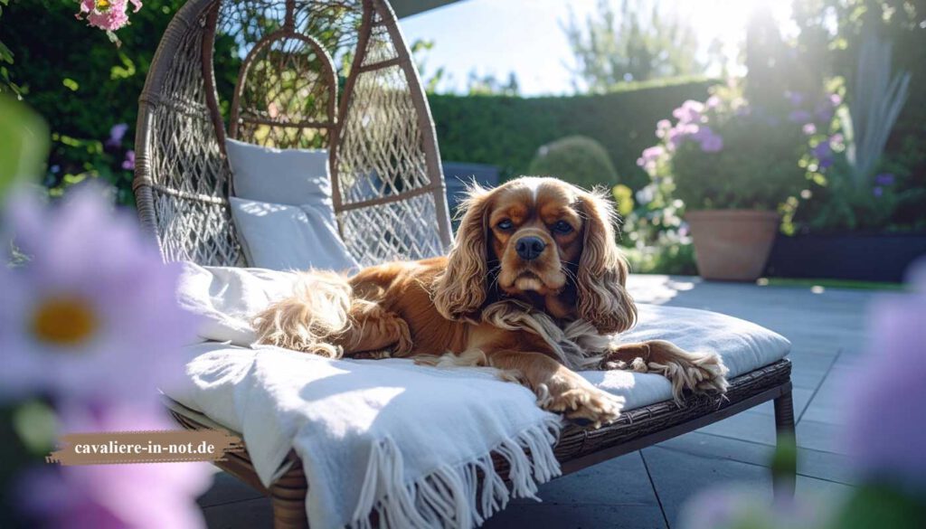 Cavalier King Charles Spaniel liegt entspannt im Garten – gesunder Hund, trotz Risiko für Syringomyelie aufmerksam beobachten 