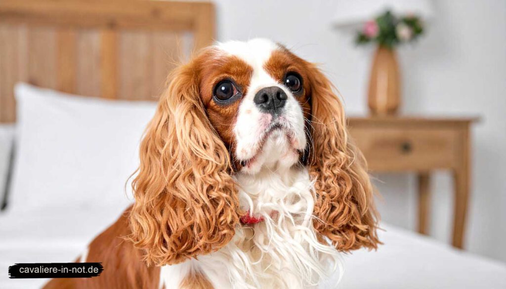 Cavalier King Charles Spaniel mit rotbraunen Ohren sitzt ruhig auf einem Bett – Symbolbild für die Chiari-ähnliche Malformation beim Cavalier und häusliche Geborgenheit