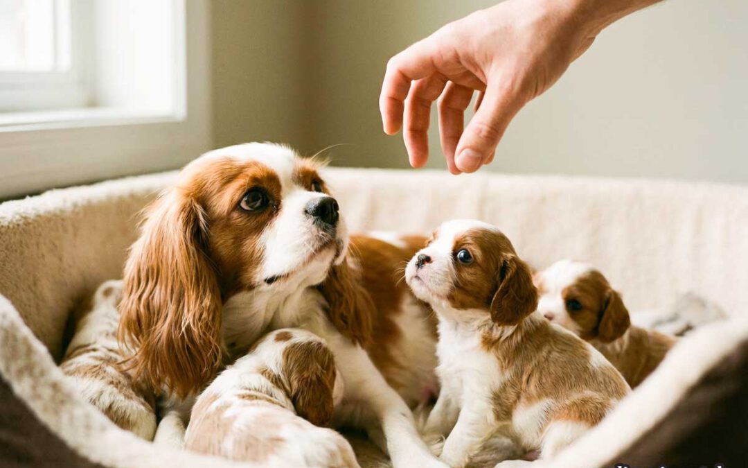 Cavalier King Charles Spaniel Hündin liegt mit ihren Welpen in einem Körbchen, ein Welpe blickt mit großen, aufgerissenen Augen zur sich nähernden Menschenhand, unten im Bild steht das Logo cavaliere-in-not.de.