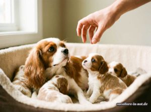 Cavalier King Charles Spaniel Hündin liegt mit ihren Welpen in einem Körbchen, ein Welpe blickt mit großen, aufgerissenen Augen zur sich nähernden Menschenhand, unten im Bild steht das Logo cavaliere-in-not.de.
