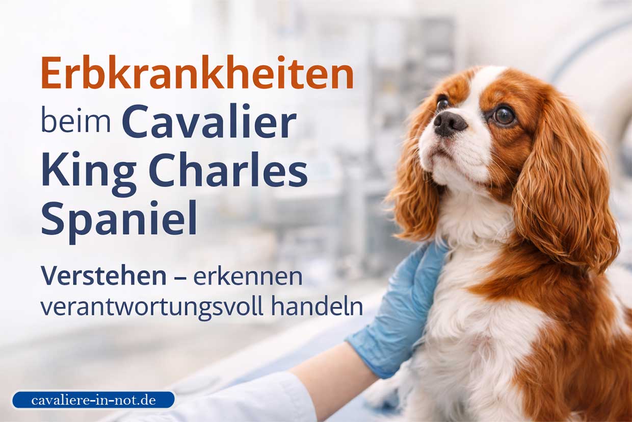 Cavalier King Charles Spaniel beim Tierarzt, sanft gehalten von einer Tierärztin, symbolisch für Aufklärung und verantwortungsvollen Umgang mit erblichen Erkrankungen
